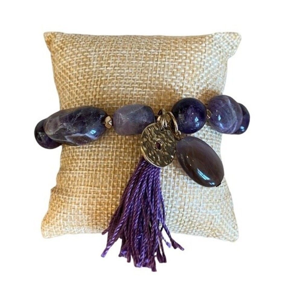Amethyst Bead Stretch Bracelet with Tassel